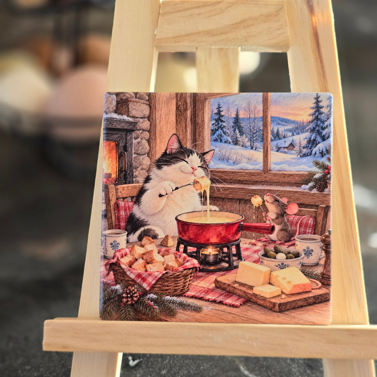 Deko-Fliese „Käse verbindet“ – Katze & Maus beim Käsefondue | Keramik 10 x 10 cm