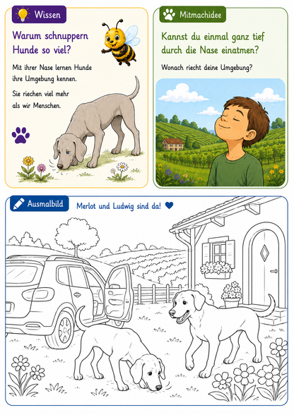 Ludwig und Merlot – Kreativheft für Kinder 2–5 Jahre | Hof Abenteuer | Vorlesen, Ausmalen, Wissen | Inspiriert von wahren Begebenheiten