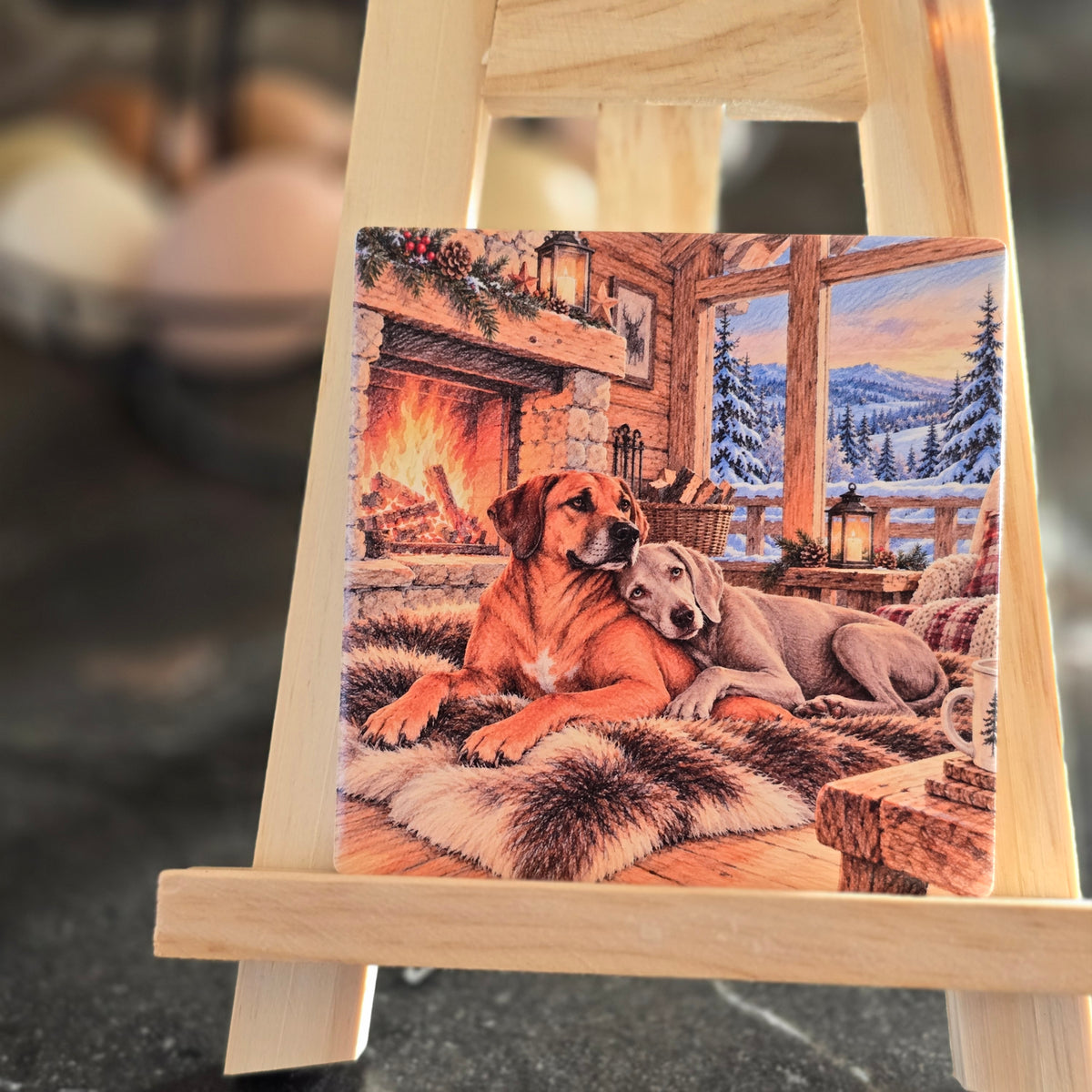 Deko-Fliese „Kaminglück“ – Rhodesian Ridgeback & Weimaraner | Keramik 10 x 10 cm
