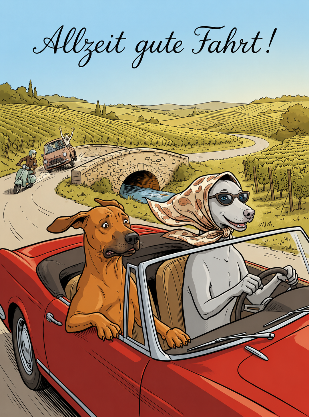 Allzeit gute Fahrt! – Klappkarte mit Hunde-Motiv
