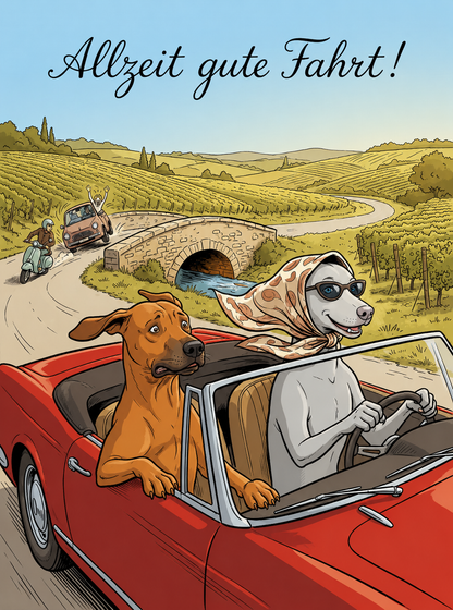 Allzeit gute Fahrt! – Klappkarte mit Hunde-Motiv