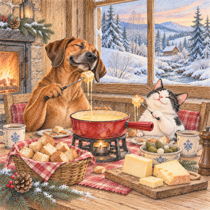 Deko-Fliese 10x10 cm: Hund und Katze genießen gemeinsam Käsefondue in einer verschneiten Berghütte, gezeichnet im Buntstift-Aquarell-Stil