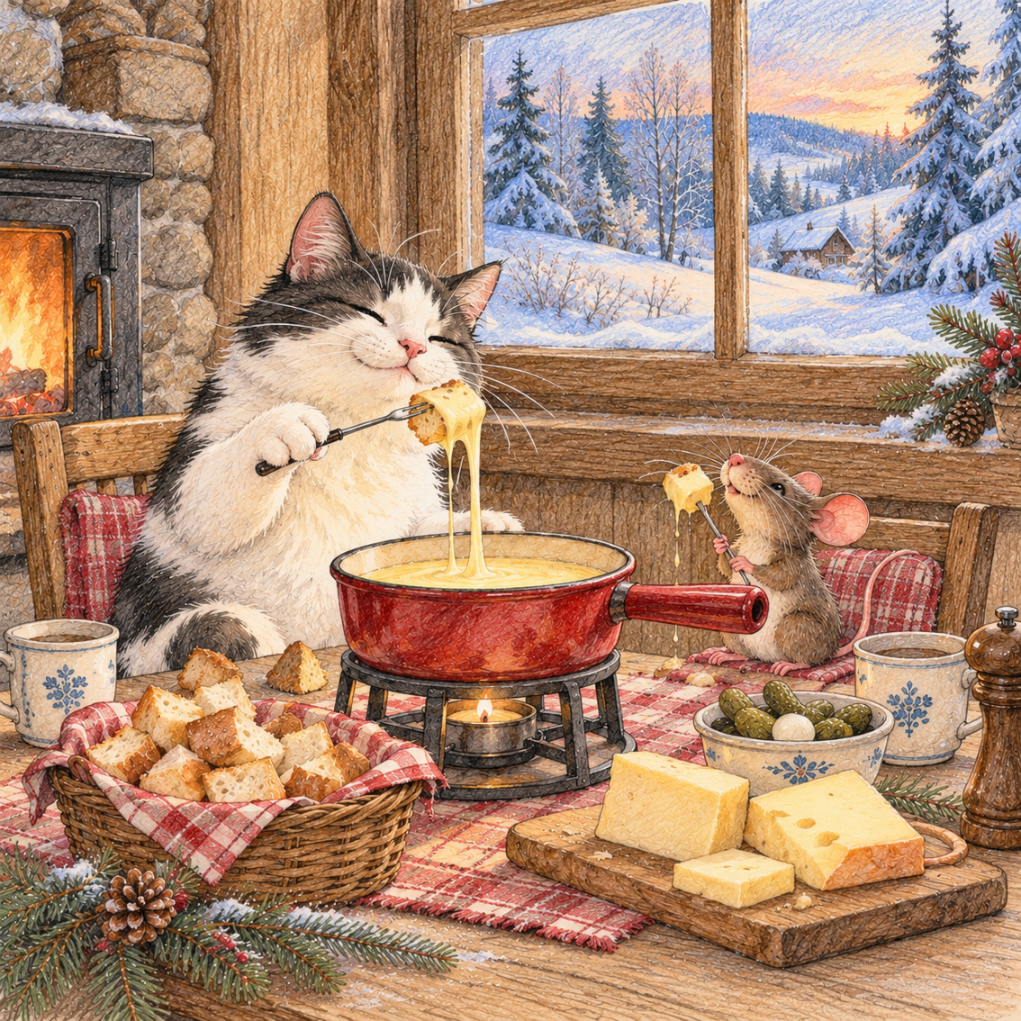 Deko-Fliese 10x10 cm: Katze und Maus beim Käsefondue am Fenster mit Winterlandschaft, gezeichnet im Buntstift-Aquarell-Stil