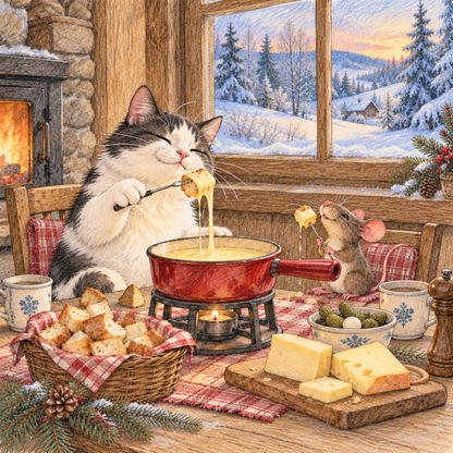 Deko-Fliese 10x10 cm: Katze und Maus beim Käsefondue am Fenster mit Winterlandschaft, gezeichnet im Buntstift-Aquarell-Stil