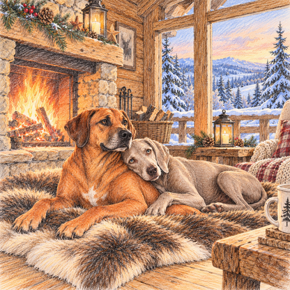 Deko-Fliese 10x10 cm: Rhodesian Ridgeback und Weimaraner kuscheln auf einem Fell vor dem Kaminfeuer, gezeichnet im Buntstift-Aquarell-Stil