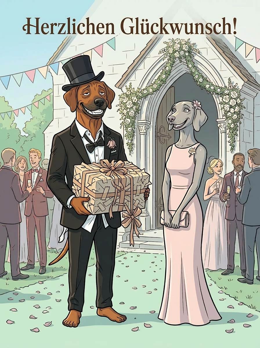 Herzlichen Glückwunsch! – Klappkarte zur Hochzeit mit Hunde-Motiv