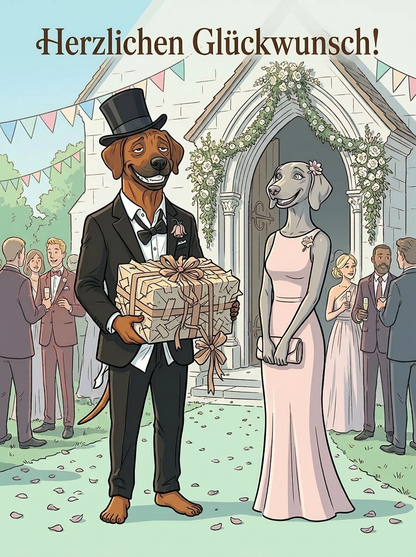 Herzlichen Glückwunsch! – Klappkarte zur Hochzeit mit Hunde-Motiv