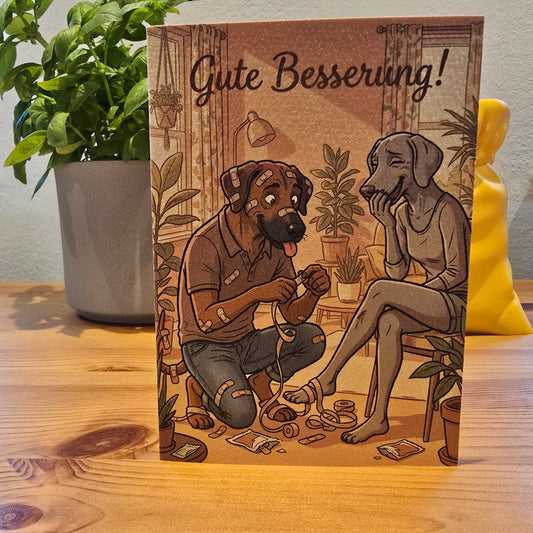 Gute Besserung! – Klappkarte mit Hunde-Motiv (Pflaster-Edition)
