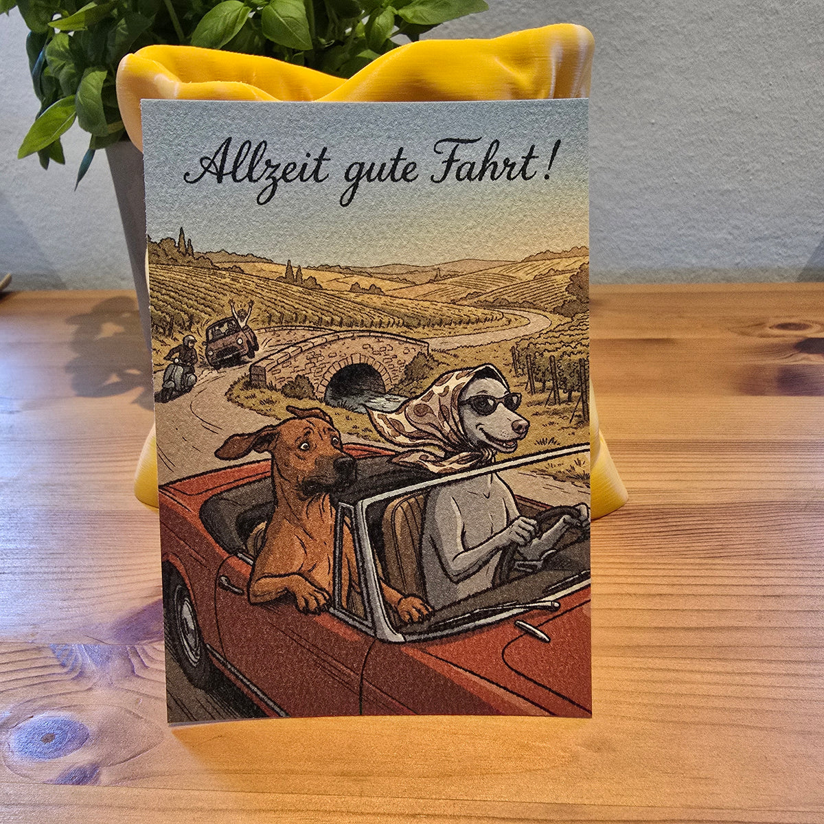 Allzeit gute Fahrt! – Klappkarte mit Hunde-Motiv