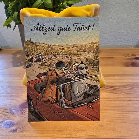 Allzeit gute Fahrt! – Klappkarte mit Hunde-Motiv