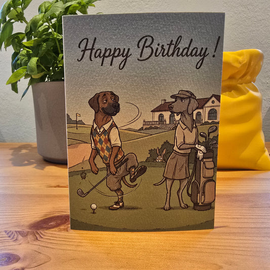 Happy Birthday! – Klappkarte Golf-Motiv mit Hunden