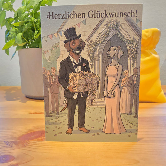 Herzlichen Glückwunsch! – Klappkarte zur Hochzeit mit Hunde-Motiv