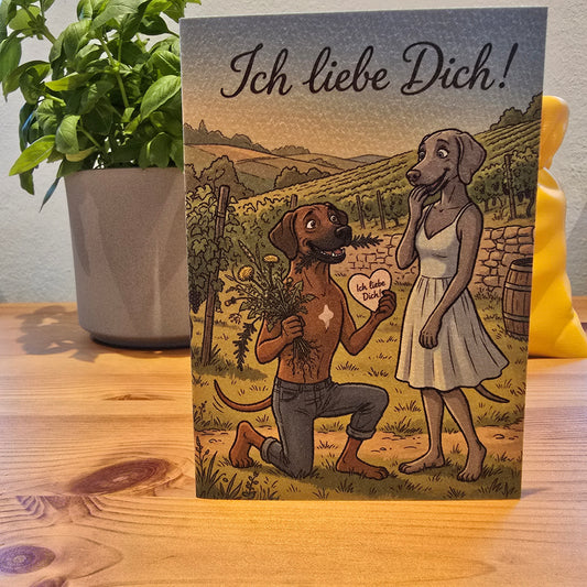 Ich liebe Dich! – Klappkarte mit Hunde-Motiv (Weinberg)