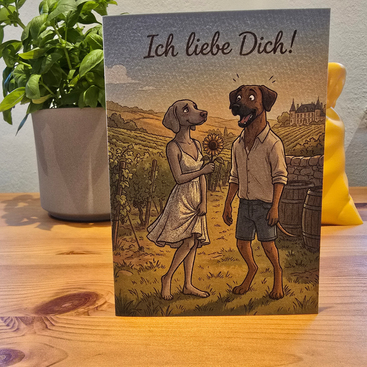 Ich liebe Dich! – Klappkarte mit Hunde-Motiv (Sonnenblume)