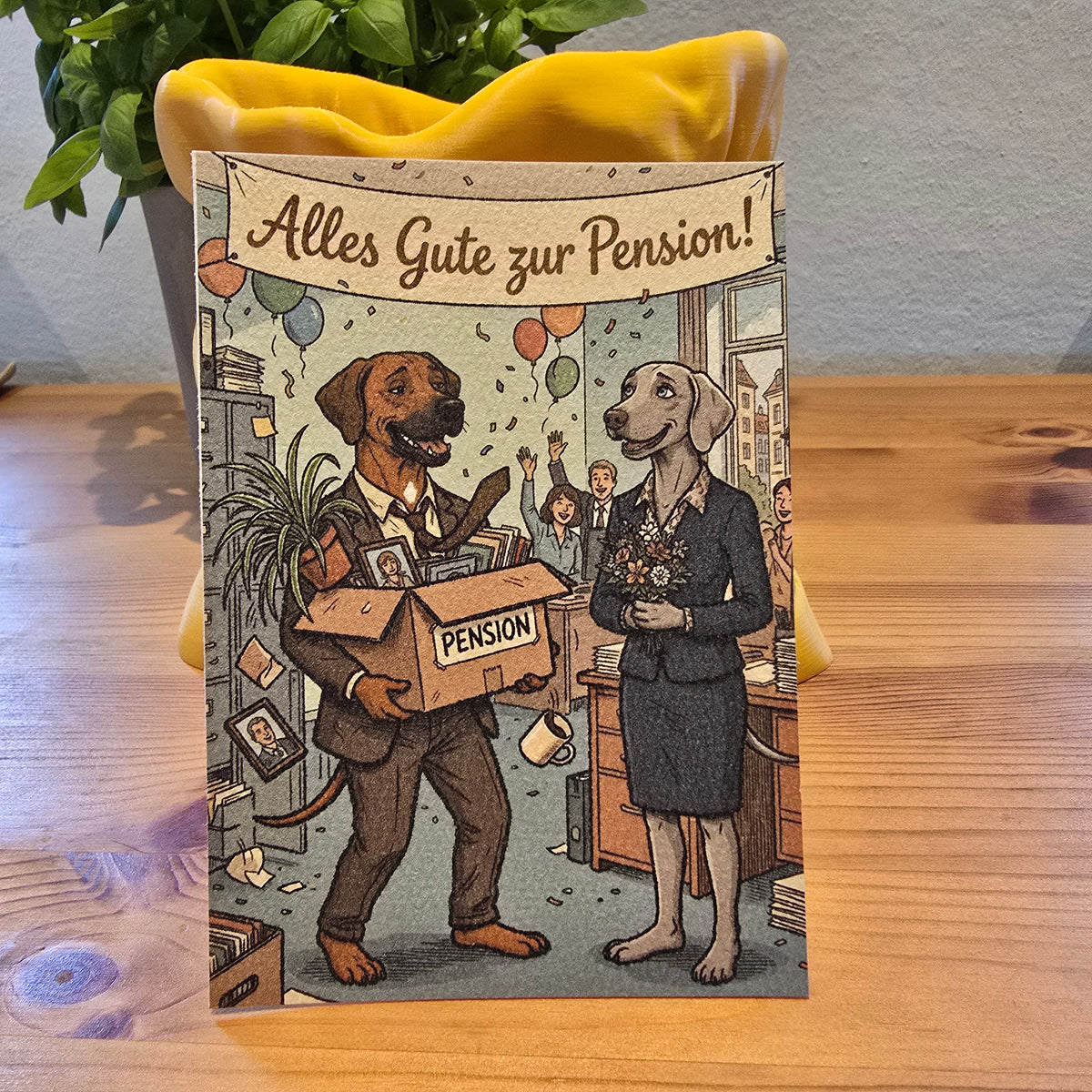 Alles Gute zur Pension! – Klappkarte mit Hunde-Motiv