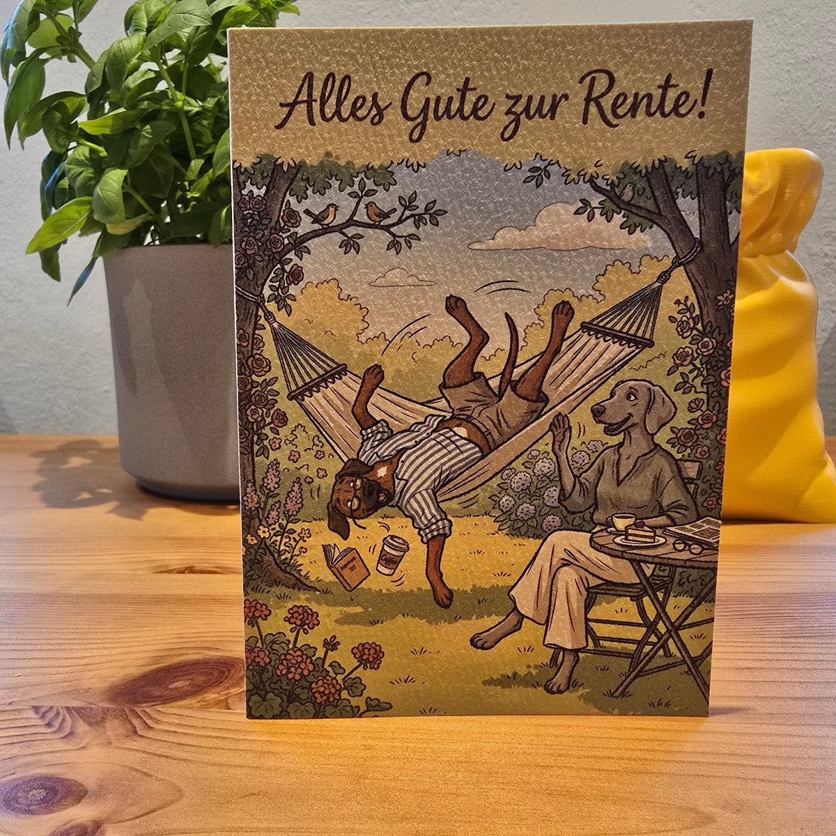 Alles Gute zur Rente! – Klappkarte mit Hunde-Motiv (Hängematte)