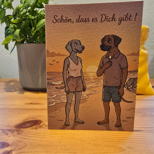 Schön, dass es Dich gibt! – Klappkarte mit Hunde-Motiv (Strand)