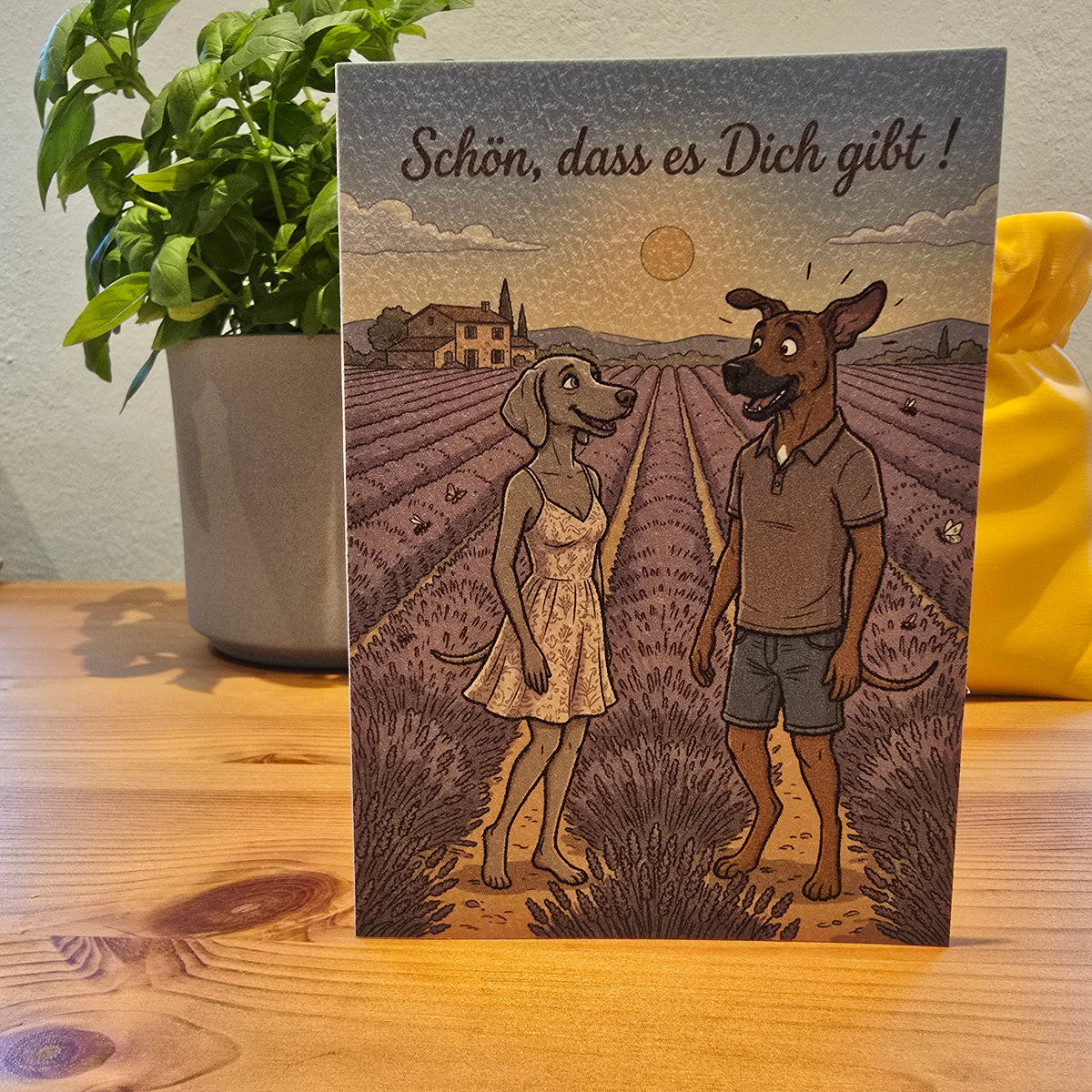 Schön, dass es Dich gibt! – Klappkarte mit Hunde-Motiv (Lavendelfeld)