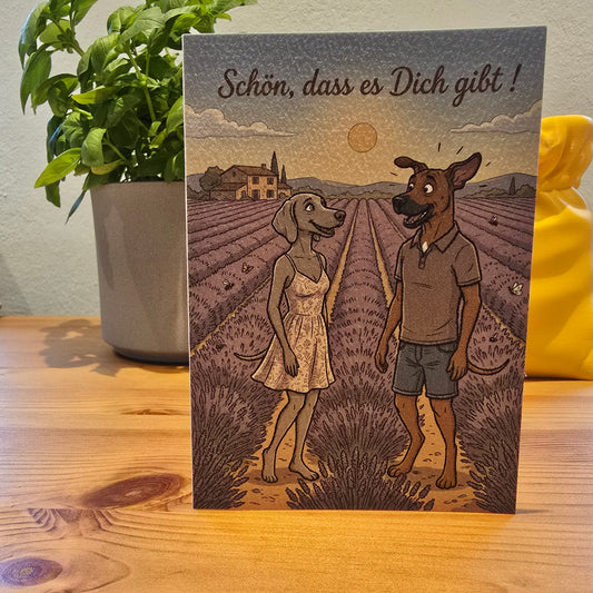 Schön, dass es Dich gibt! – Klappkarte mit Hunde-Motiv (Lavendelfeld)