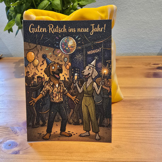 Guten Rutsch ins neue Jahr! – Klappkarte mit Hunde-Motiv (Partynacht)