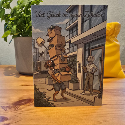 Viel Glück im neuen Zuhause! – Klappkarte mit Hunde-Motiv (Stadtwohnung)