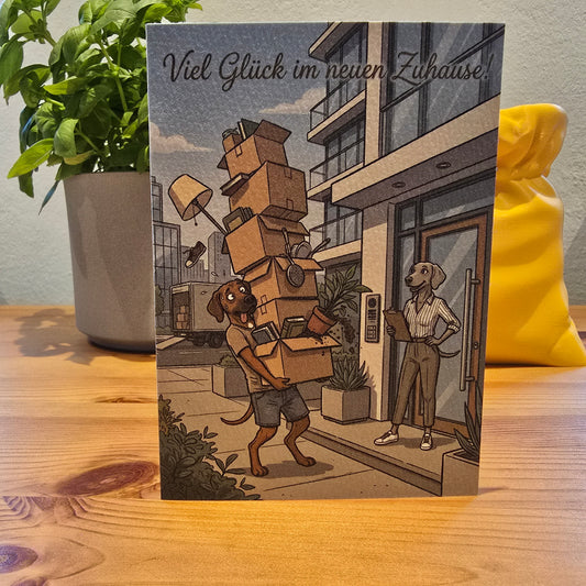 Viel Glück im neuen Zuhause! – Klappkarte mit Hunde-Motiv (Stadtwohnung)