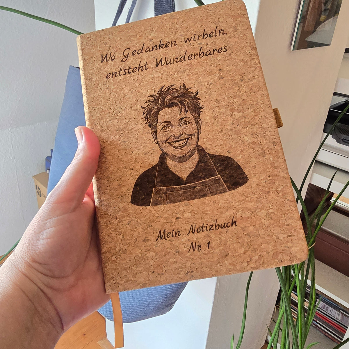 Notizbuch mit Kork-Einband – "Wo Gedanken wirbeln, entsteht Wunderbares" (DIN A5)