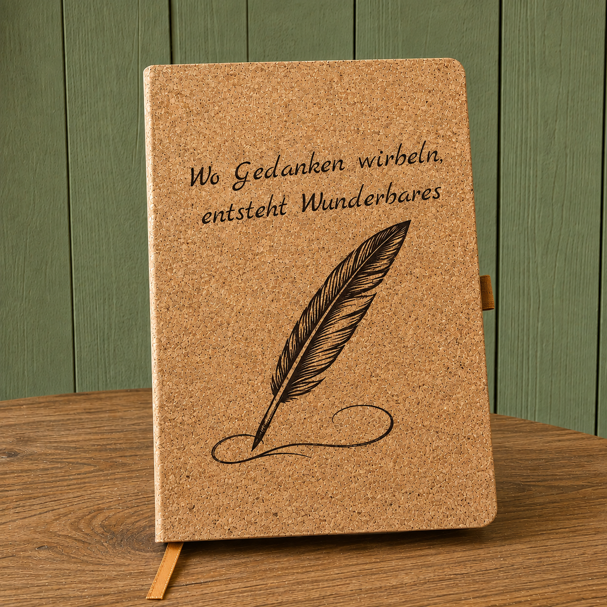 Notizbuch mit Kork-Einband – "Wo Gedanken wirbeln, entsteht Wunderbares" (DIN A5)