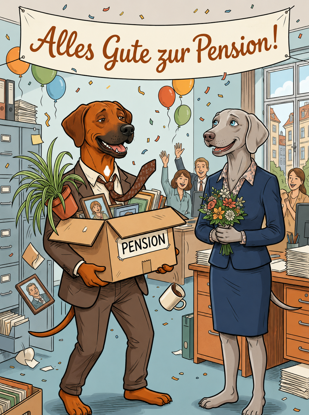Alles Gute zur Pension! – Klappkarte mit Hunde-Motiv