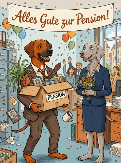 Alles Gute zur Pension! – Klappkarte mit Hunde-Motiv