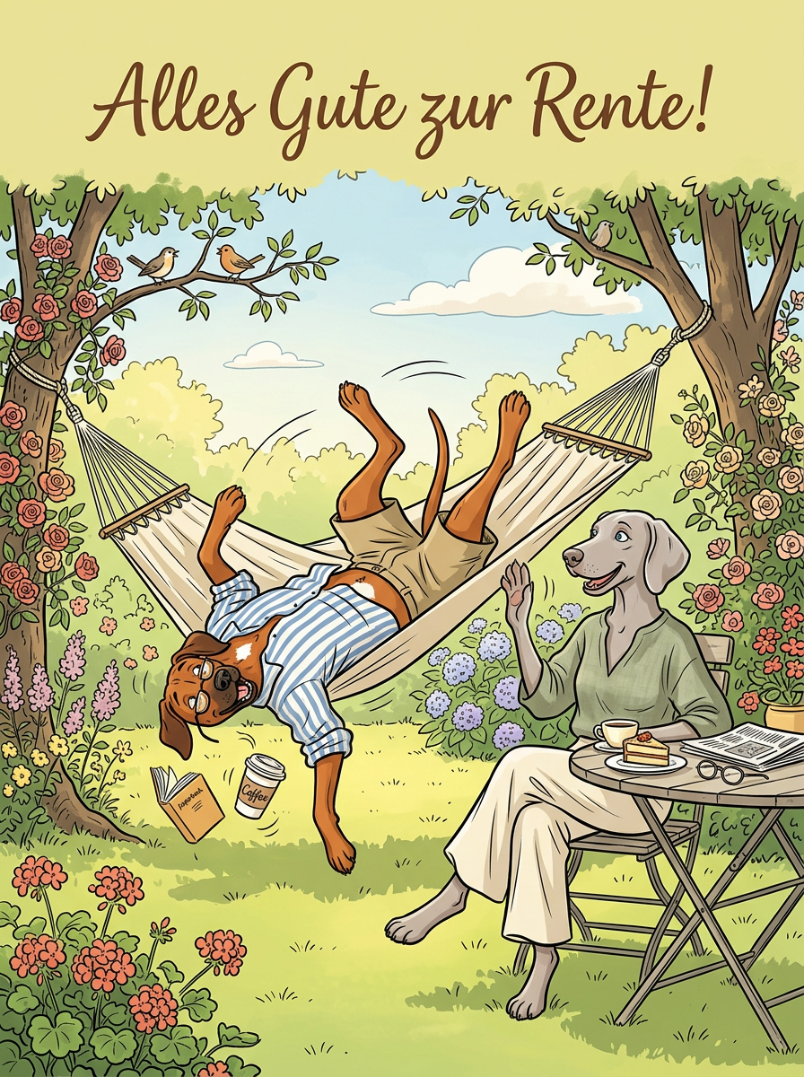 Alles Gute zur Rente! – Klappkarte mit Hunde-Motiv (Hängematte)