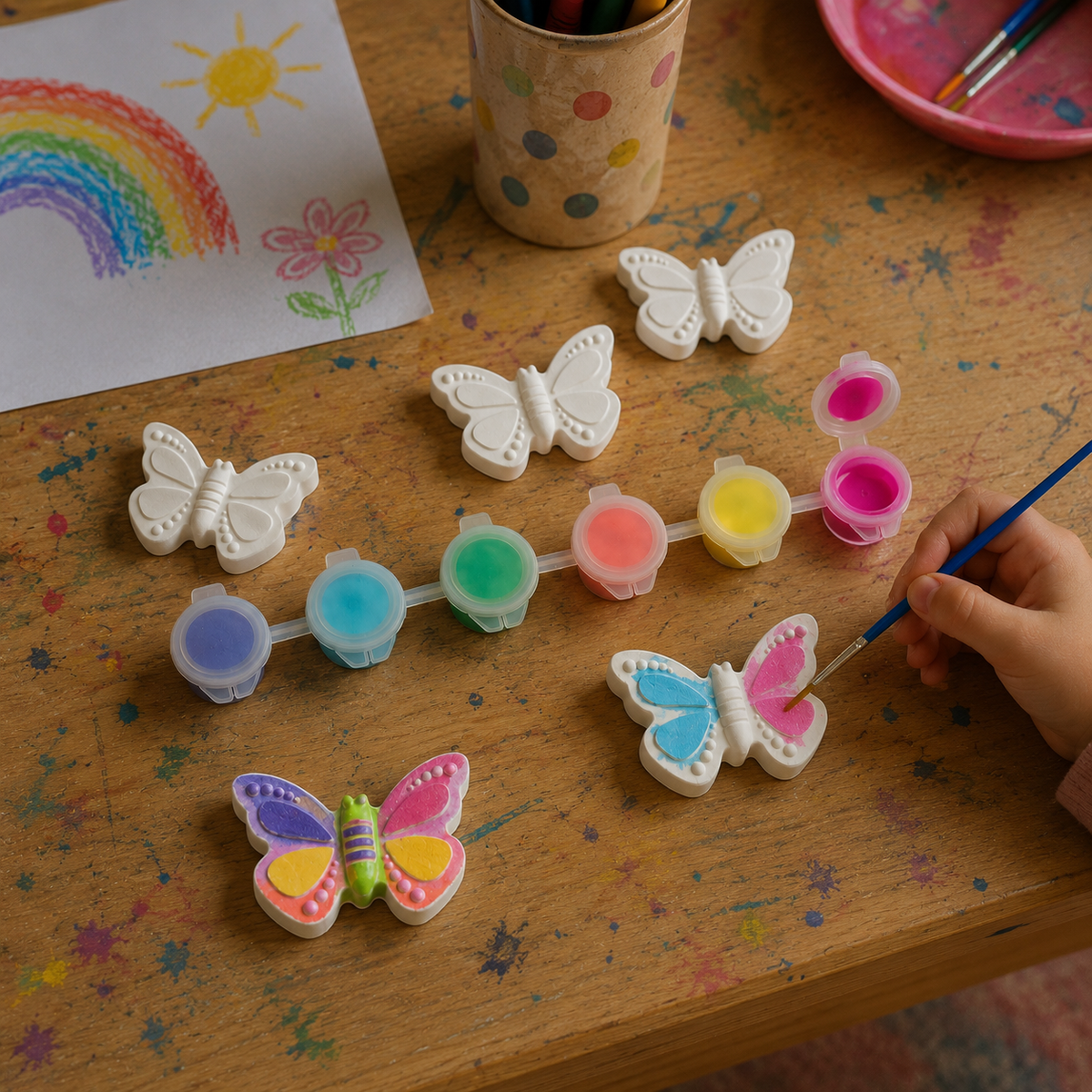 Gipsguss Schmetterlinge 4er Set zum Bemalen – inkl. 6 Acrylfarben & Pinsel