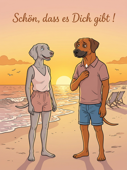 Schön, dass es Dich gibt! – Klappkarte mit Hunde-Motiv (Strand)