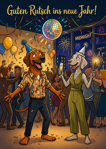 Guten Rutsch ins neue Jahr! – Klappkarte mit Hunde-Motiv (Partynacht)