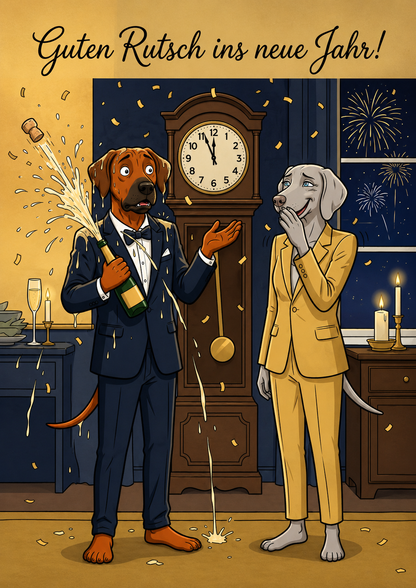 Guten Rutsch ins neue Jahr! – Klappkarte mit Hunde-Motiv
