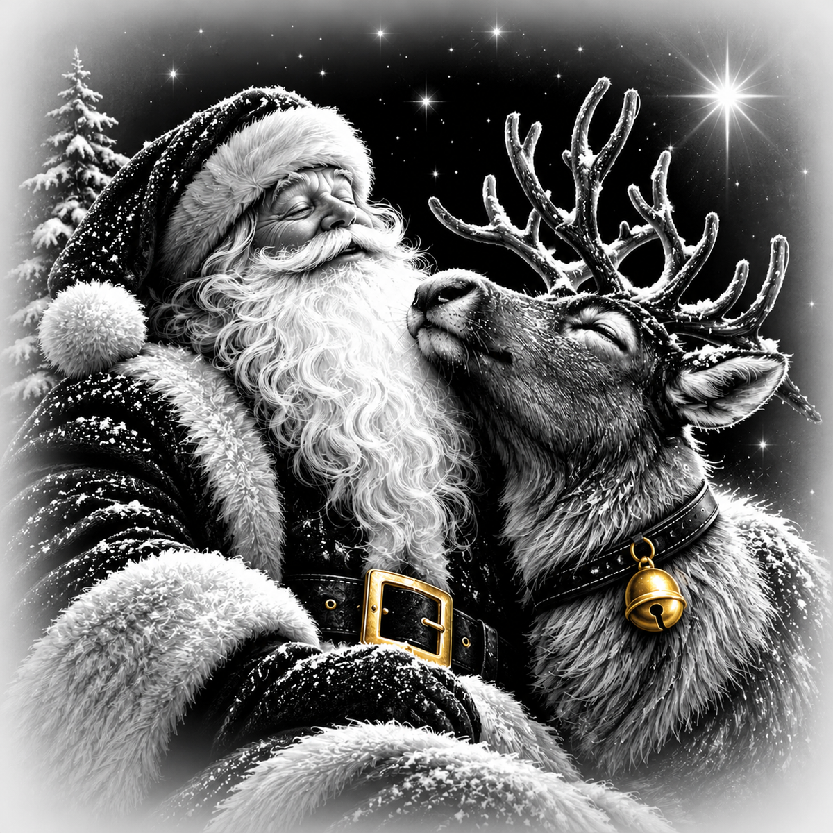 Weihnachtsfliese 10x10 cm mit Weihnachtsmann und Rentier in Schwarz-Weiß, goldene Gürtelschnalle und Glöckchen