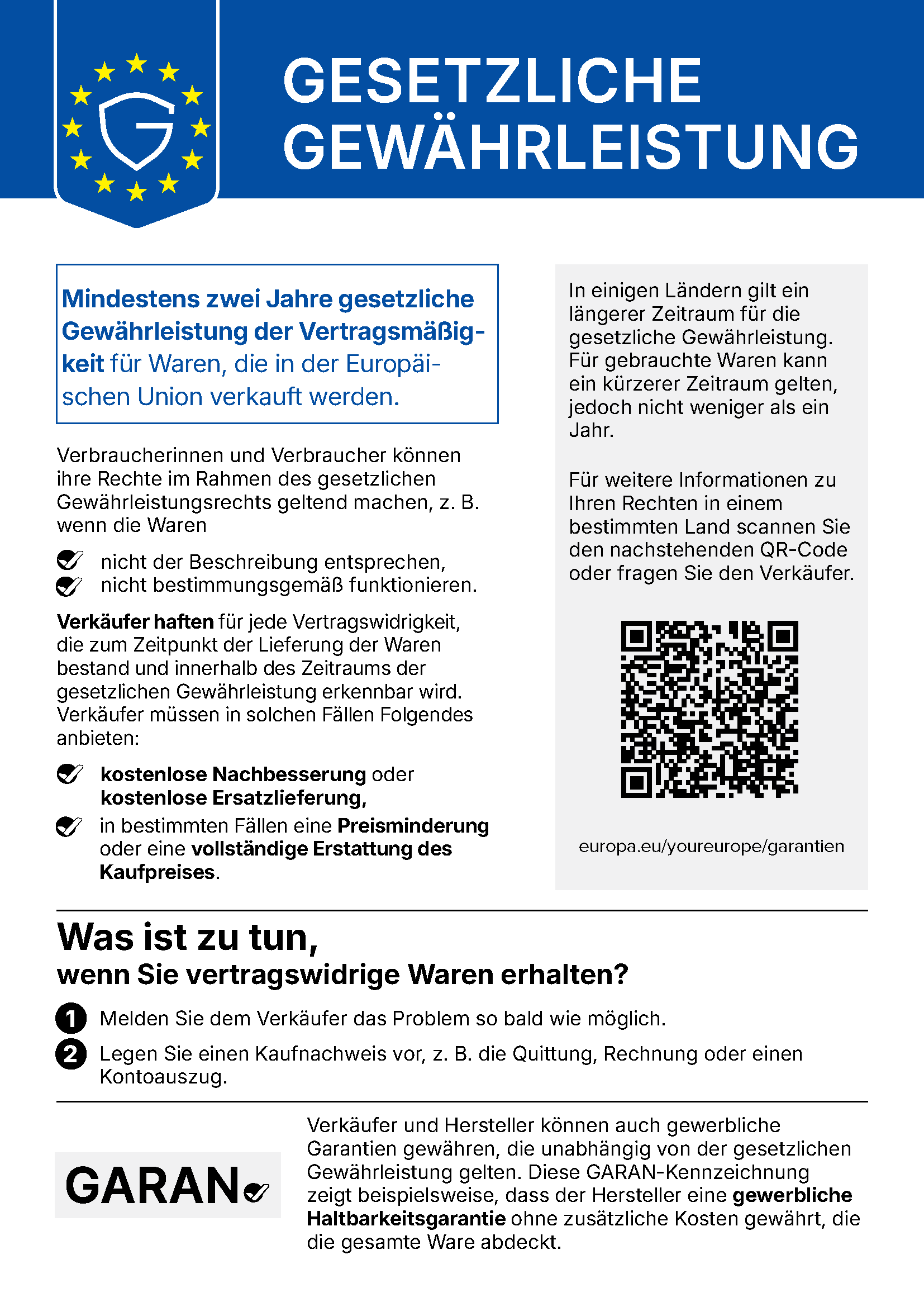 EU-Hinweis: mindestens zwei Jahre gesetzliche Gewährleistung